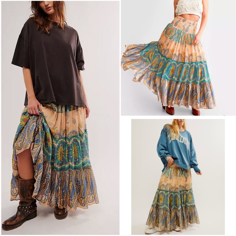 🆕 FREE PEOPLE Super Thrills Convertible Maxi Skirt in Blue Sky Combo, Size Small